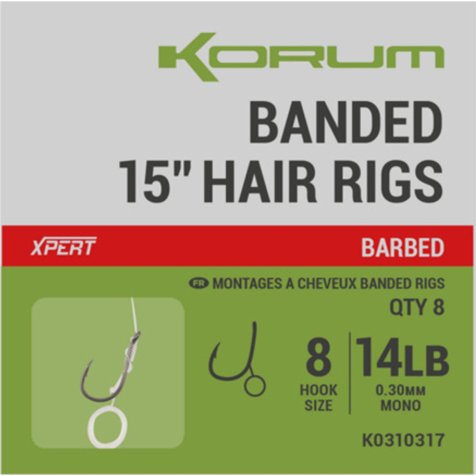 Banded Hair Rigs Barbed 38cm/#8/0.30mm/14lb
